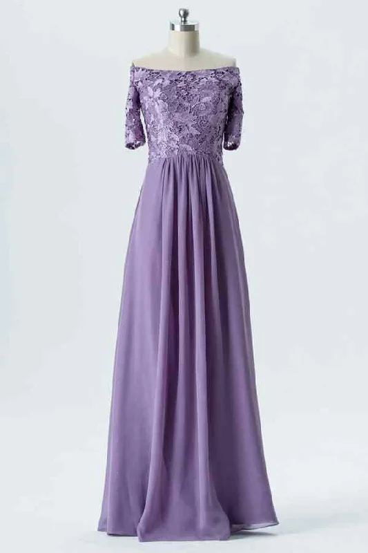 form-fitting dressLavender A-line Off-Shoulder Lace Chiffon Long Bridesmaid Dress