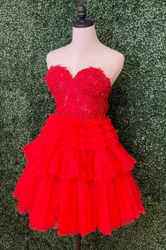 bohemian dressRed Strapless Appliques A-line Multi-Layers Homecoming Dress