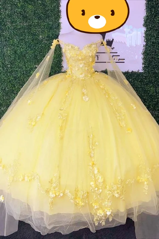 romantic dressGlitter Yellow Quinceanera Dresses Spaghetti Strap With Wrap Sweet 15 Ball Gowns 3D Flower Bead  Y4050