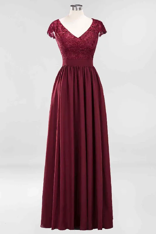 long-sleeve floral dressBurgundy A-line Cap Sleeves Lace Cut-Out Back Chiffon Long Bridesmaid Dress