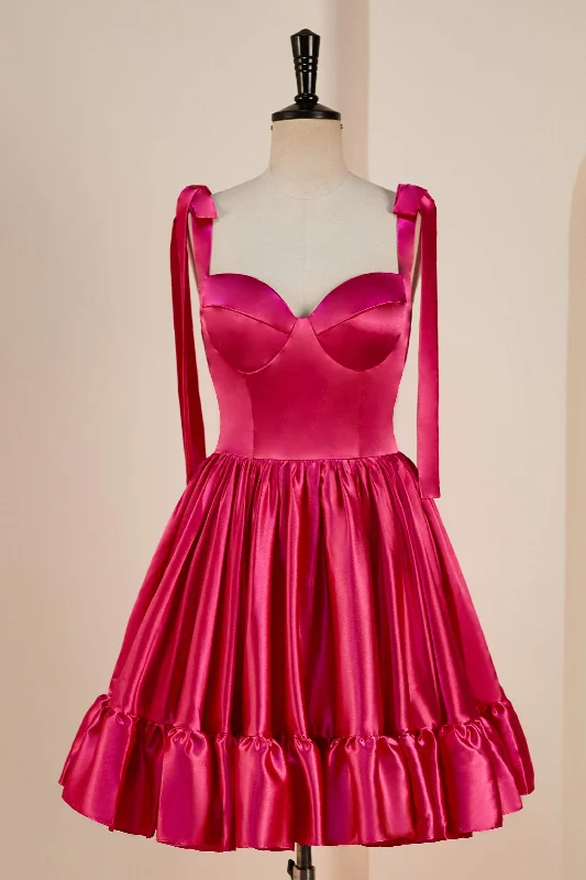 comfy dressRose Pink A-line Bow Tie Straps Ruffled Satin Homecoming Dress