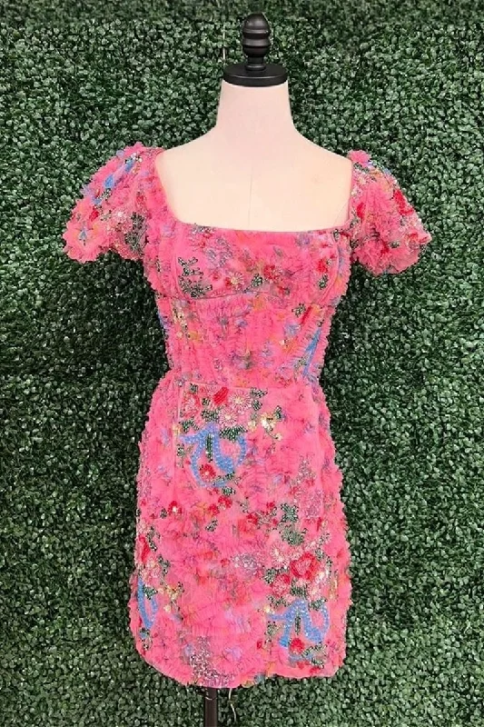 casual midi dressHot Pink Puff Sleeves Ruffled Sequined Embroidery Sheath Homecoming Dress