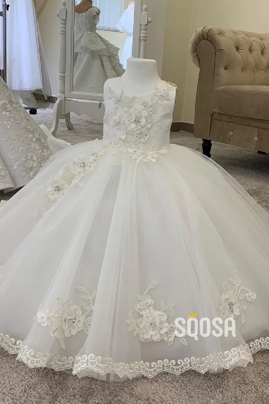 trendy dressBall Gown 3D Appliques Ivory Flower Girl Dress Cute First Communion Dress QF1026