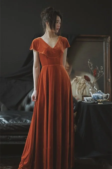 ashionable dressOrange Velvet Long Bridesmaid Dress with Cap Sleeves