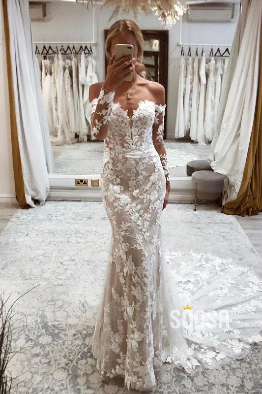 casual knit dressOff the Shoulder Long Sleeves Mermaid Wedding Dress Lace Bridal Gown QW2508