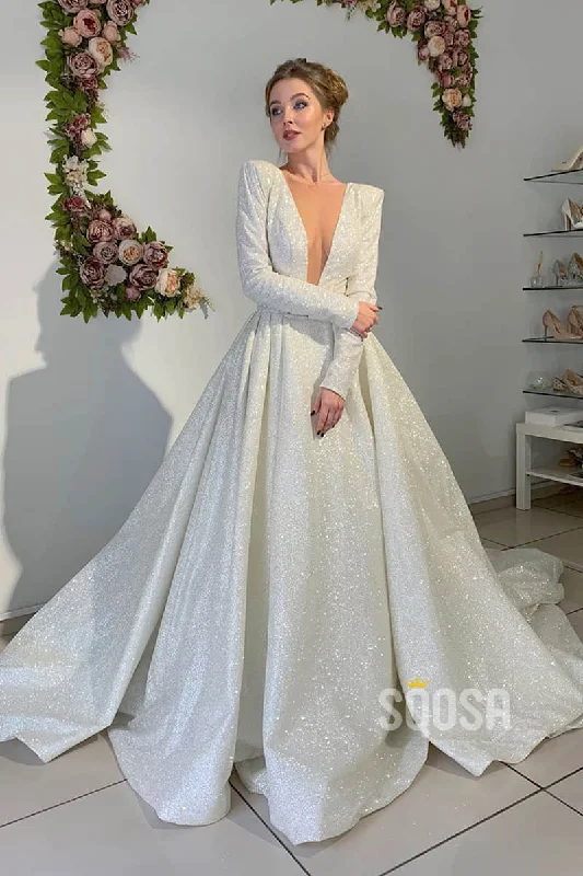 evening dressA-line Attractive V-neck Long Sleeves Rustic Wedding Dress Glitter Bridal Gown QW2146