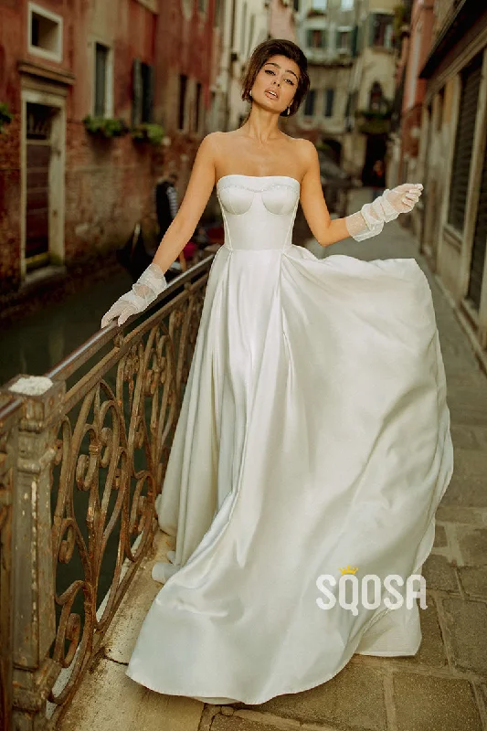 sleek dressA Line Strapless Satin Elegant Simple Wedding Dress QW2402