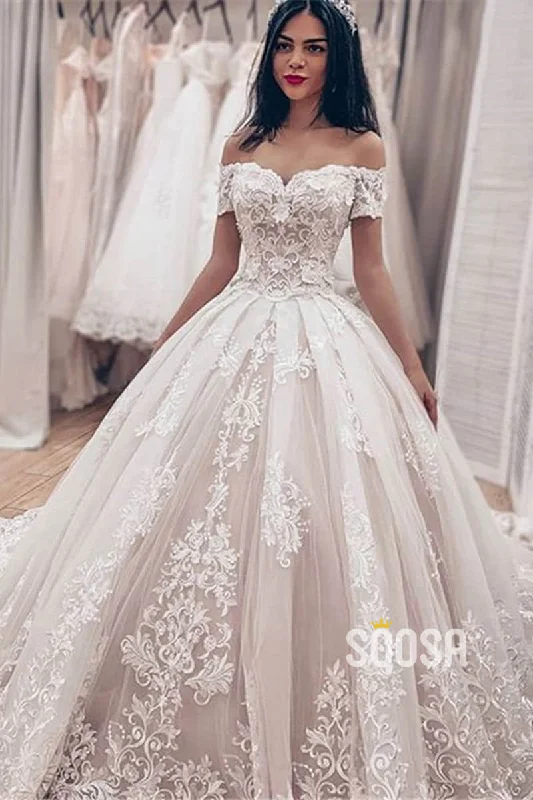 satin midi dressUnique Off-Shoulder Exquisite Lace Appliques Ball Gown Wedding Dress QW2403