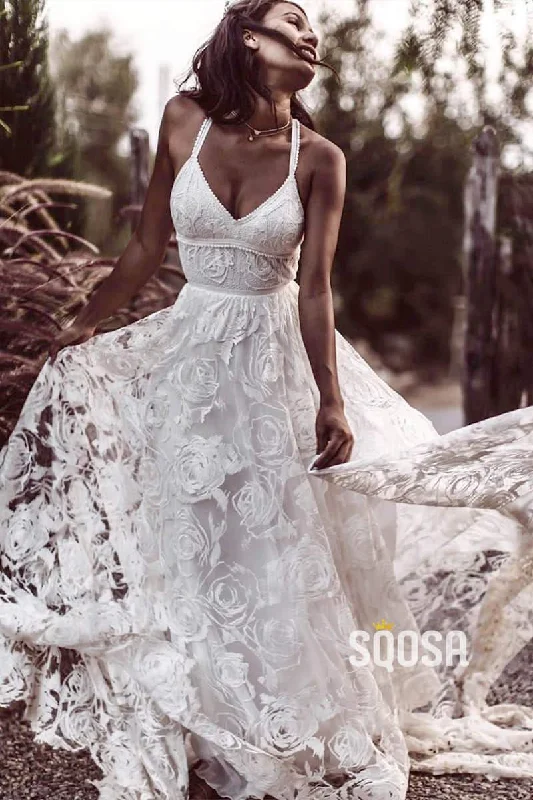 sophisticated dressLuxury Lace Chic Halter A-Line Bohemian Wedding Dress with Slit Bridal Gowns QW0862