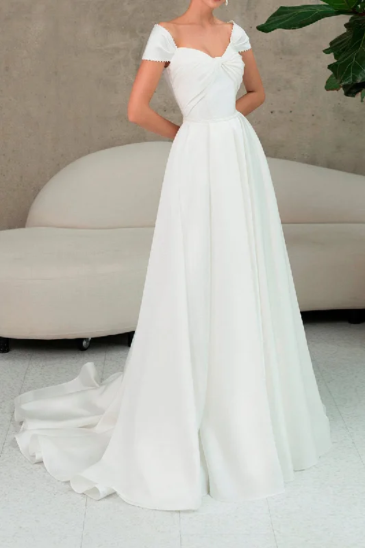 printed dressA Line Sweetheart Cap Sleeves Beach Wedding Dress with Slit QW2124