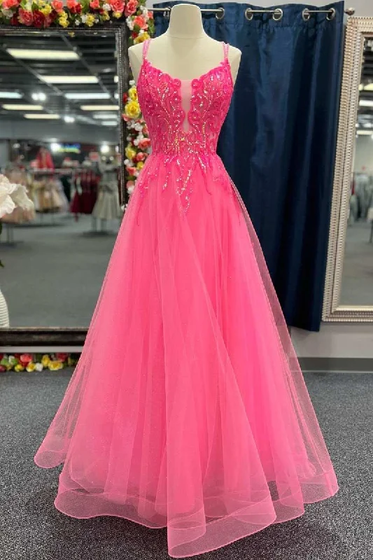 lace dressHot Pink Tulle Appliques Lace-Up A-Line Long Prom Dress Y2791