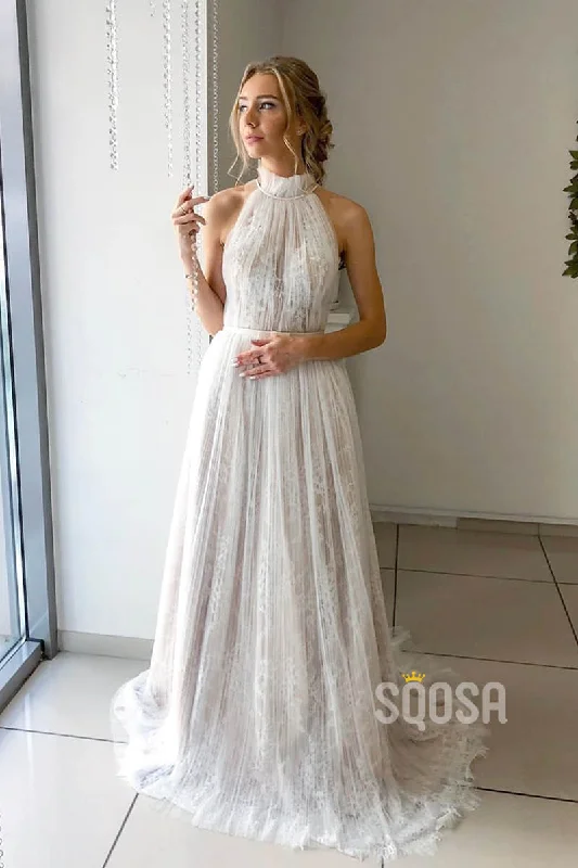 winter dressA-line Chic High Neck Tulle Bohemian Wedding Dress Beach Wedding Gowns QW2155