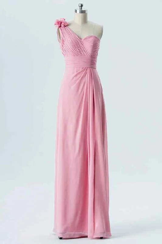 trendy mini dressPink A-line One Shoulder Pleated 3D Applique Chiffon Long Bridesmaid Dress