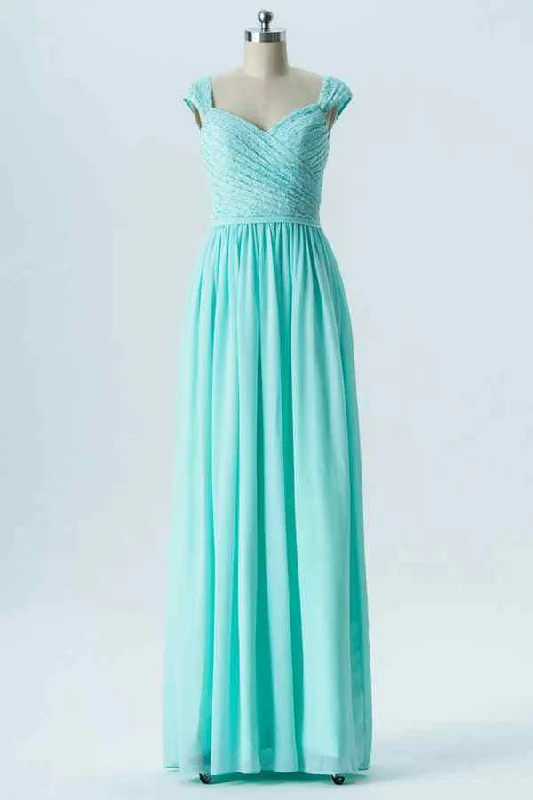 off-the-shoulder dressSpa A-line Sheer Straps Sweetheart Pleated Chiffon Long Bridesmaid Dress