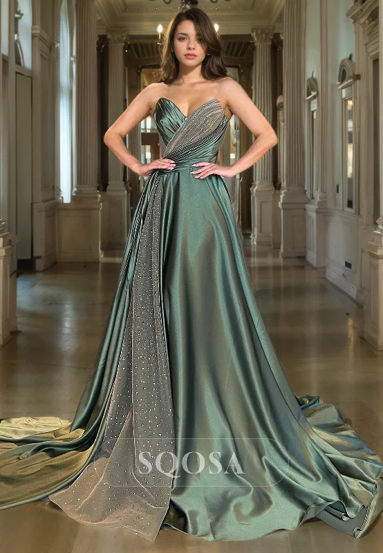 long-sleeve floral dressA Line V Neck Satin Pleats Long Prom Dress with Train Formal Gown