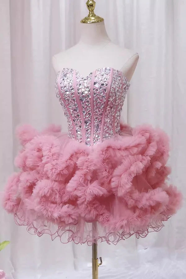 form-fitting dressPink Sweetheart Neck Tutu Dress with Rhinestone Cute Homecoming Dress