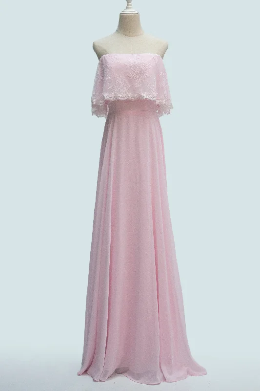 elegant shift dressCandy Pink A-line Strapless Chiffon Ruffle Applique Long Bridesmaid Dress