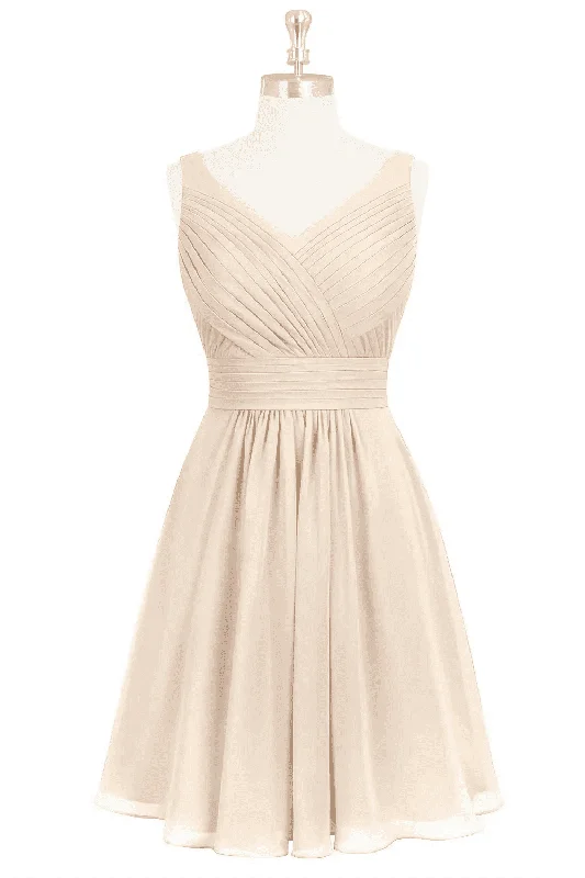 long-sleeve floral dressWhite Alabaster A-line Pleated V Neckline Chiffon Mini Bridesmaid Dress