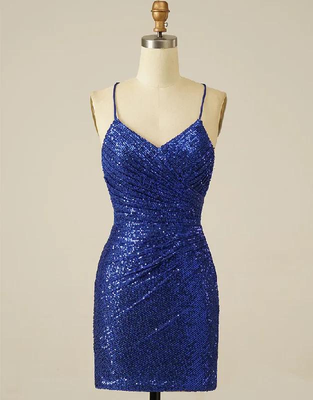 casual day dressRoyal Blue Sheath Sequin Lace Up Homecoming Dress Y2844