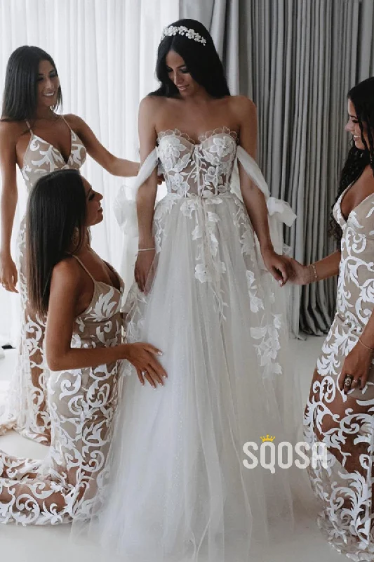 chic dressA-line Sweetheart Lace Appliques Rustic Wedding Dress Bridal Gown QW0868