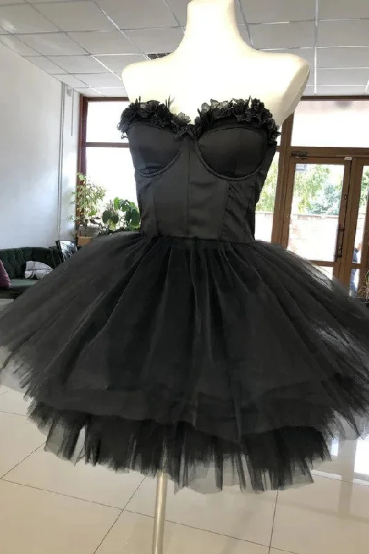 romantic dressBlack Sweetheart Puffy Short Prom Dress, Cute Tulle Homecoming Dress