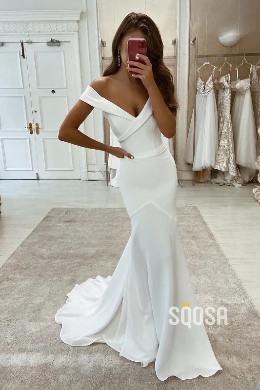 minimalistic dressIvory Satin Off The Shoulder Mermaid Wedding Dress QW2582