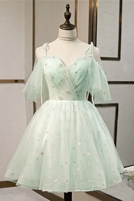 party dressLight Green Flaunt Off-the-Shoulder Bow Tie Embroidery Homecoming Dress