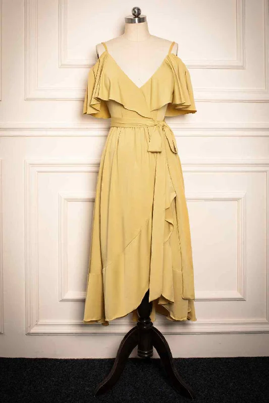 sleeveless dressYellow V Neck Flaunt Sleeves Faux-Wrap Chiffon Knee Length Bridesmaid Dress