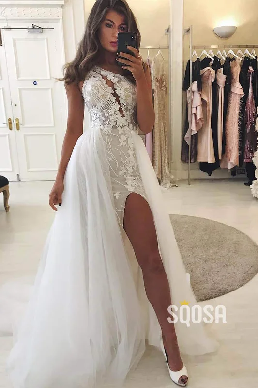 t-shirt dressSheath/Column Wedding Dress One Shoulder Chic Applqiues Wedding Gowns with Slit QW0951