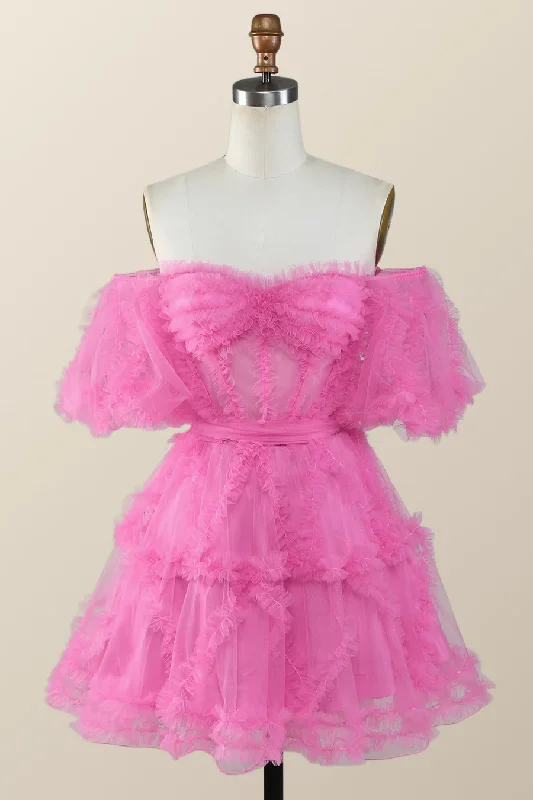 ruched dressOff the Shoulder Hot Pink Ruffles Short A-line Homecoming Dress Y2783