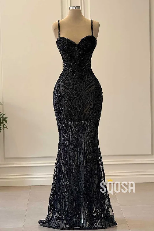 off-shoulder dressSweetheart Spaghetti Straps Beaded Sheer Party Prom Evening Dress QP3424