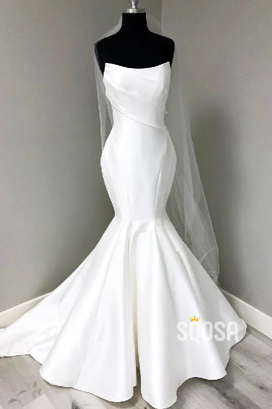 ashionable dressIvory Satin Strapless Mermaid Wedding Dress with Court Train QW2567