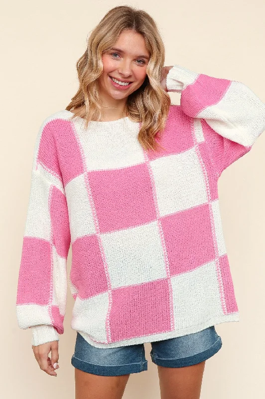 chic coatPLUS PINK CHECKER PATTERN PULLOVER SWEATER KNIT TOP