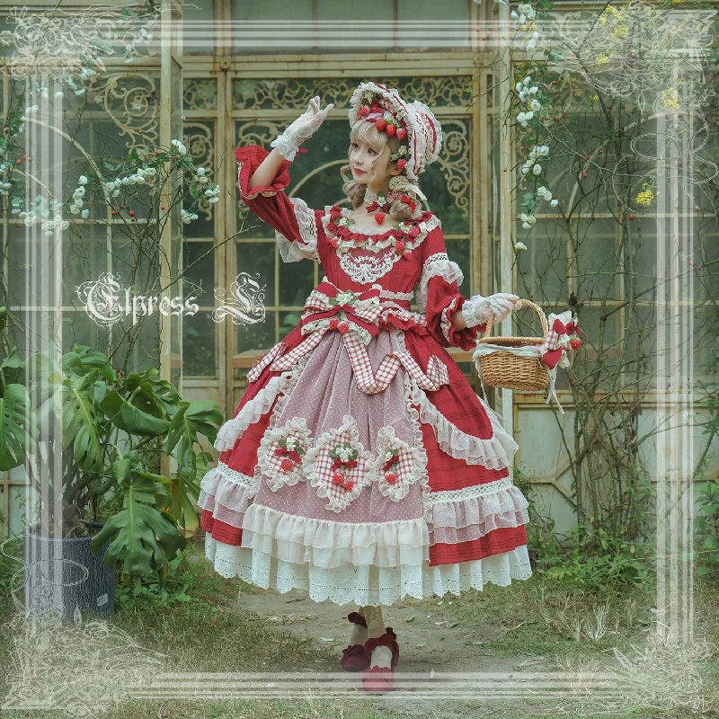 long-sleeve floral dressElpress L~Peach Fragrance~Country Lolita Multicolors Strawberry Lolita OP Dress