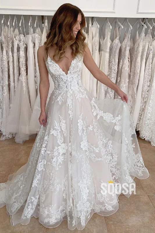 elegant dressA-line V-neck Tulle Appliques Rustic Wedding Dress QW2698