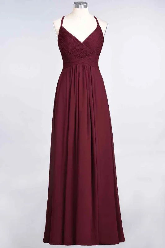 lace dressBurgundy A-line V Neck Pleated Crossed Back Chiffon Long Bridesmaid Dress