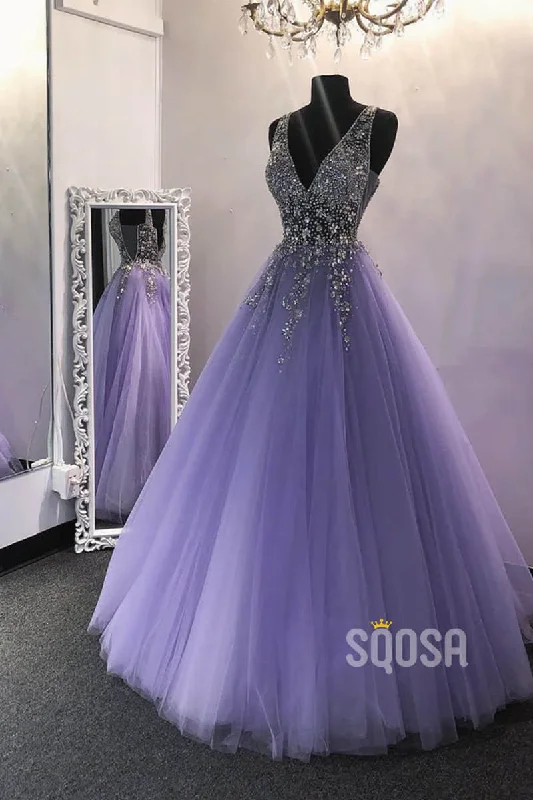 long sleeve dressA-line Purple Tulle Beaded Long Prom Dress Formal Evening Gowns QP2272