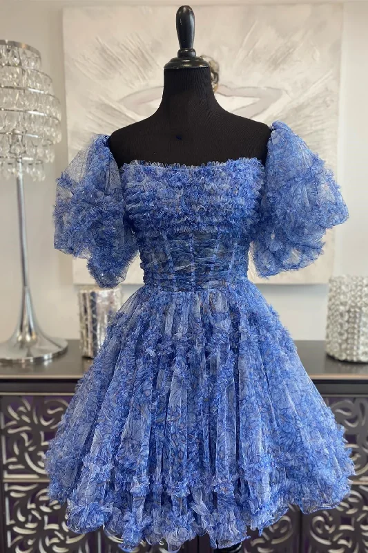 chic wrap dressBlue Puff Sleeves Ruffles A-line Prints Homecoming Dress Y2714