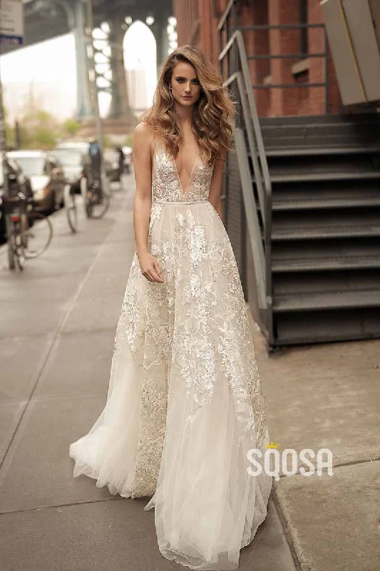 casual slip dressA Line Deeo V neck Lace Appliques Boho Wedding Dress QW2470