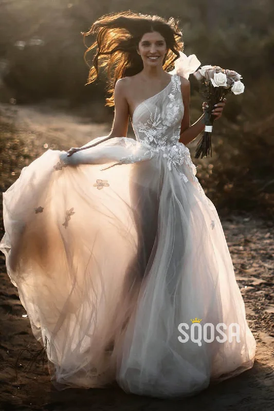 casual dressAttractive One Shoulder Tulle Appliques A-line Rustic Wedding Dress Bridal Gowns QW0875