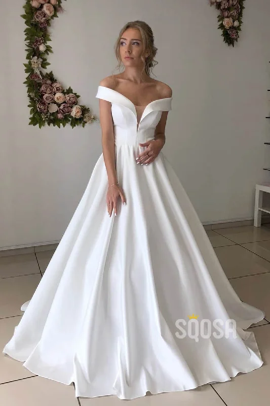 party dressA-line Chic Off-the-Shoulder Ivory Satin Simple Wedding Dress Bridal Gown QW2151