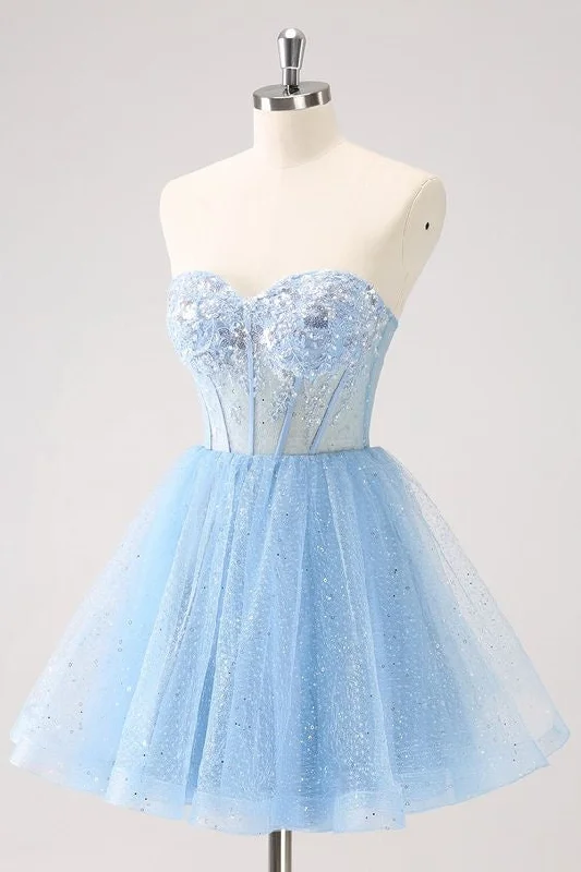 casual slip dressBlue Sequins A Line Sweetheart Corset Short Cocktail Homecoming Dress