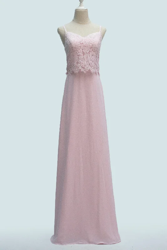 statement dressCandy Pink A-line Spaghetti Strap Chiffon lace Long Bridesmaid Dress