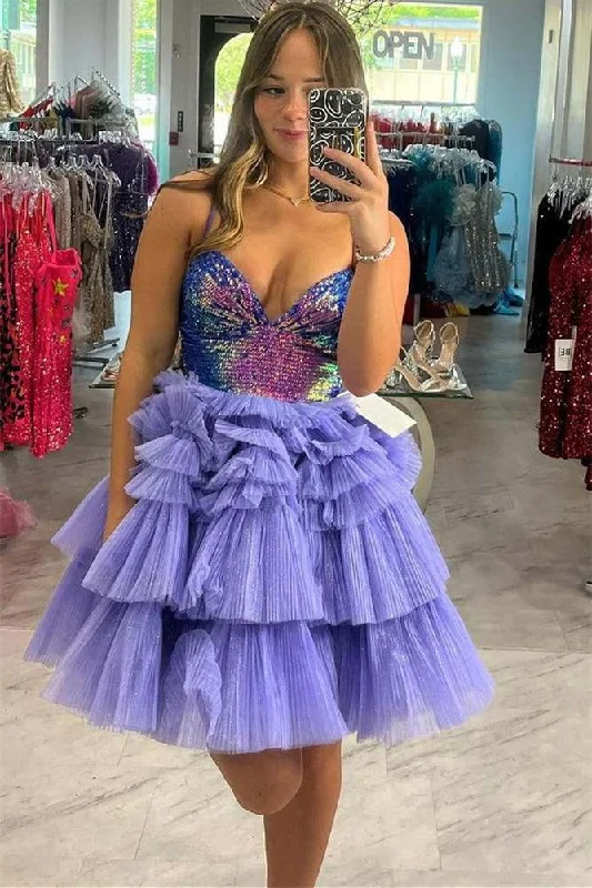 sleeveless dressLavender Sequin V-Neck Homecoming Dresses, Tiered Short Prom Dress