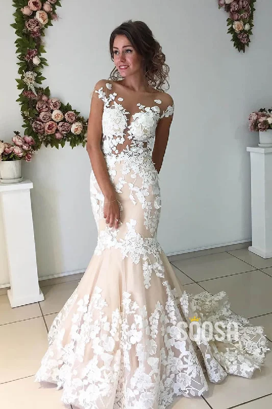 spaghetti strap dressMermaid Wedding Dress Exquisite Lace Appliques Rustic Wedding Dress QW2374