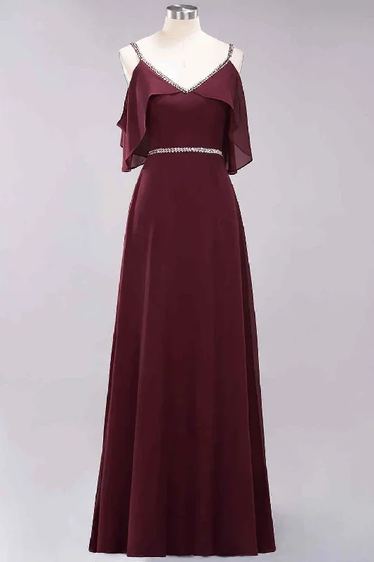 bohemian dressBurgundy A-line V Neck Off-the-Shoulder Beading Chiffon Long Bridesmaid Dress