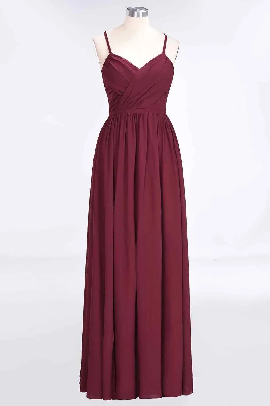 shift dressBurgundy A-line Sweetheart Neck Pleated Chiffon Long Bridesmaid Dress