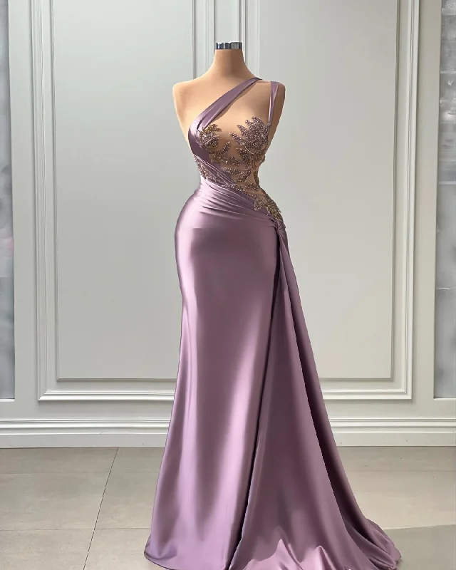 casual knit dressOne shoulder Illusion Beaded Sweep Train Purple Long Prom Evening Dress QP3135