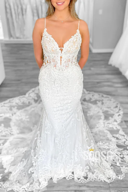 lace-up dressTrumpet V-Neck Spaghetti Straps Lace Applique With Train Wedding Dress QW8161