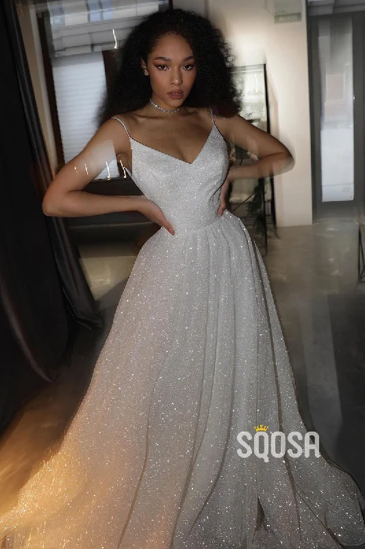 lace dressSpaghetti Straps V-Neck Sparkly Bohemian Wedding Dress Bridal Gown QW2437